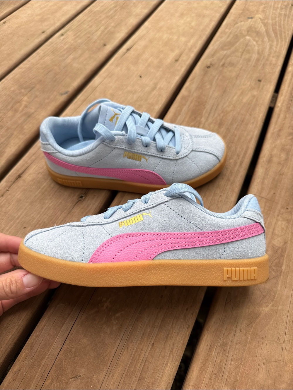 Puma Kids Light Blue Suede Sneakers with Pink Stripe and Gum Sole